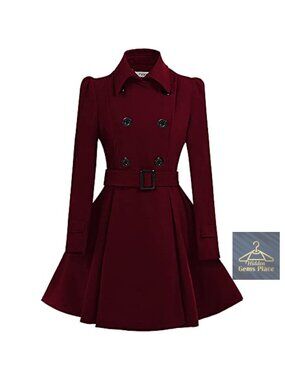 Women's Wool Pea Coat Double Breasted Belted Long Sleeve